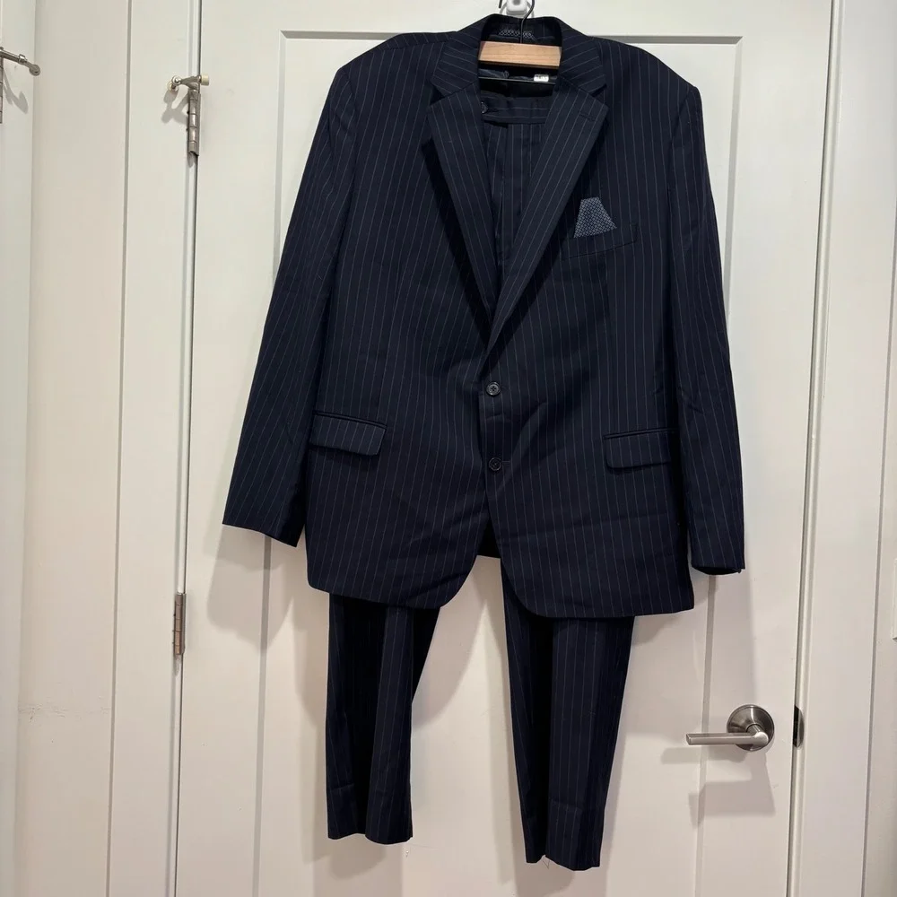 Lauren Ralph Lauren Mens Navy Pinstripe Wool Blend 2-Piece Suit 50R